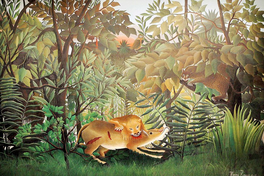 People look at "Le lion ayant faim se jette sur l'antilope" (Hungry lion jumps on antelope) of French artist Le Douanier-Rousseau 09 March 2006 at the Grand Palais museum in Paris before the opening of the exhibition called :"Jungles à Paris" (15 March-19 June 2006). Henri Rousseau, known as Le Douanier-Rousseau (1844-1910) is the most celebrated of French naïve artists. His nickname Le Douanier refers to the job he held in Paris, customs officer. His inspiration came from illustrated books and visits to the zoo and botanical gardens in Paris.   AFP PHOTO BERTRAND GUAY